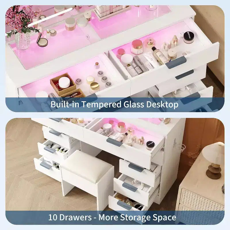 46 Modern Makeup Dressing Table Set with Mirror, with Glass Top, Magnifying Glass, Hairdryer Holder 10 Drawers and Stool for Bedroom, Cloakroom
