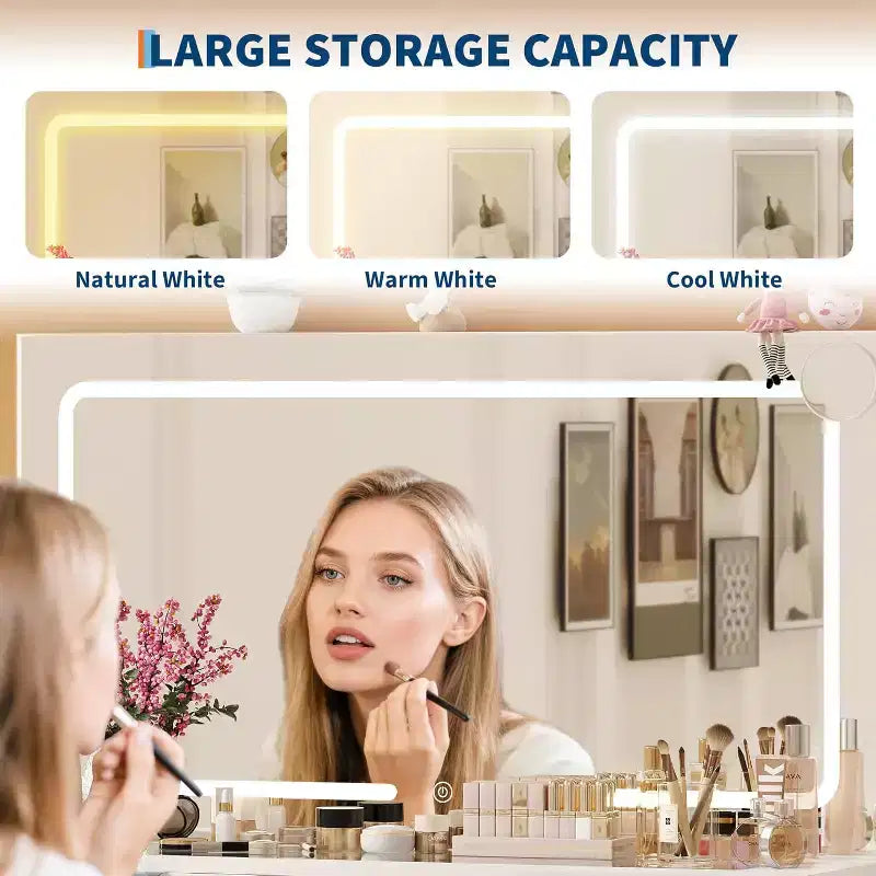 46 Modern Makeup Dressing Table Set with Mirror, with Glass Top, Magnifying Glass, Hairdryer Holder 10 Drawers and Stool for Bedroom, Cloakroom