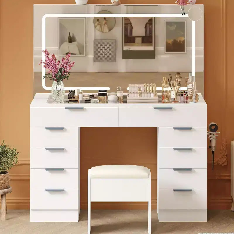 46 Modern Makeup Dressing Table Set with Mirror, with Glass Top, Magnifying Glass, Hairdryer Holder 10 Drawers and Stool for Bedroom, Cloakroom