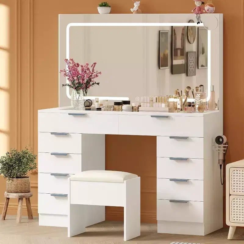 46 Modern Makeup Dressing Table Set with Mirror, with Glass Top, Magnifying Glass, Hairdryer Holder 10 Drawers and Stool for Bedroom, Cloakroom
