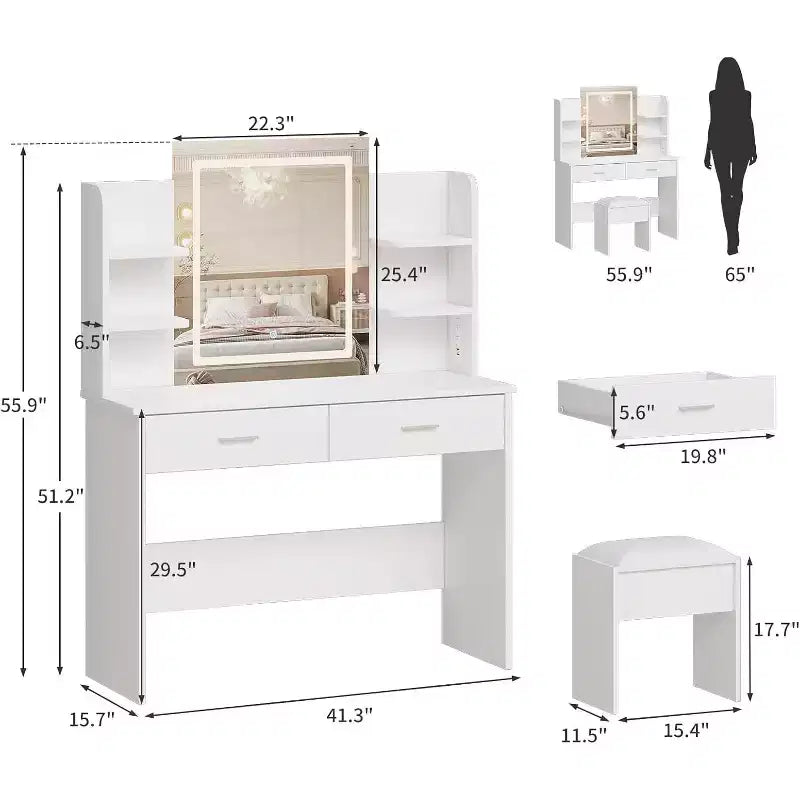 Makeup Vanity Desk with Mirror, Modern Vanity Set with Storage Drawers and Stool, Large Dressing Table for Bedroom, Cloakroom, Dressing room