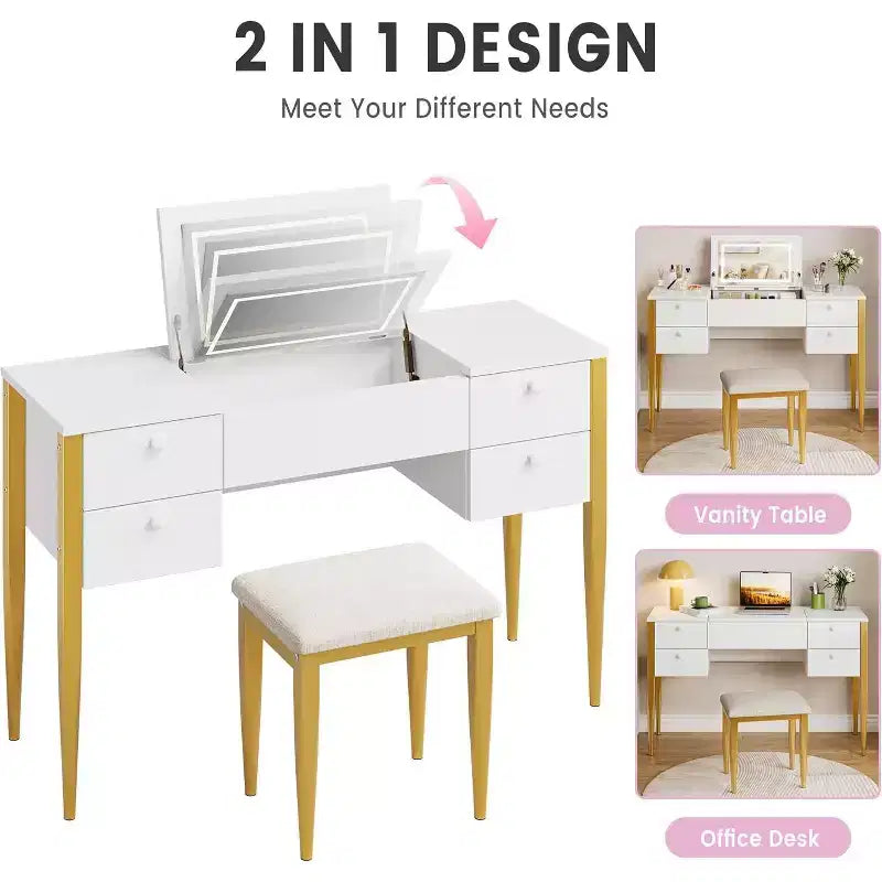 47 Makeup Vanity Desk with Flip Top Mirror, Modern Makeup Vanity Set with Chair and 5 Drawers for Bedroom, Dressing room, Cloakroom