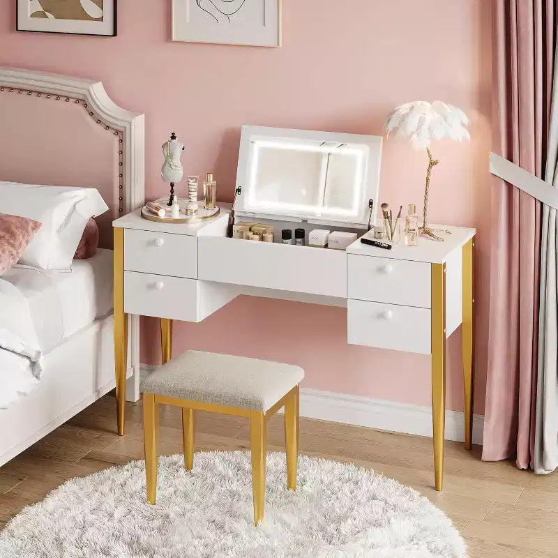 47 Makeup Vanity Desk with Flip Top Mirror, Modern Makeup Vanity Set with Chair and 5 Drawers for Bedroom, Dressing room, Cloakroom