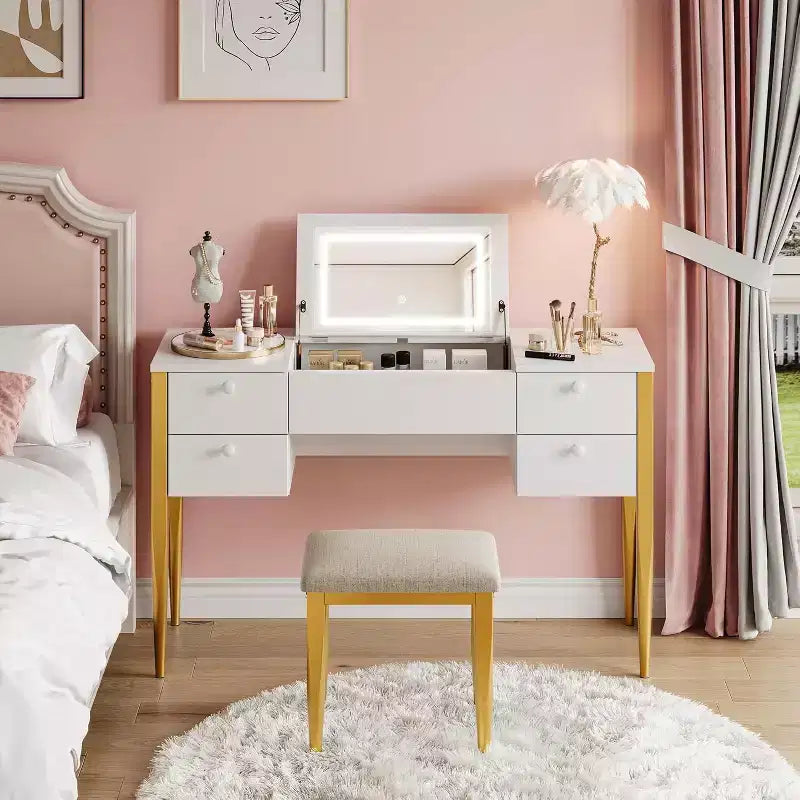 47 Makeup Vanity Desk with Flip Top Mirror, Modern Makeup Vanity Set with Chair and 5 Drawers for Bedroom, Dressing room, Cloakroom