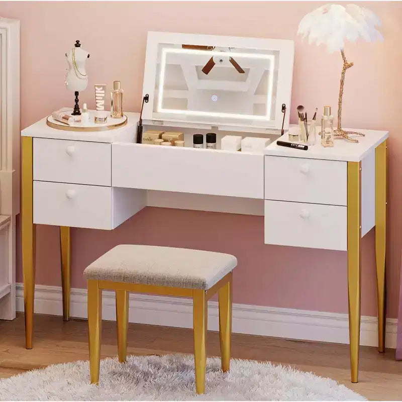 47 Makeup Vanity Desk with Flip Top Mirror, Modern Makeup Vanity Set with Chair and 5 Drawers for Bedroom, Dressing room, Cloakroom