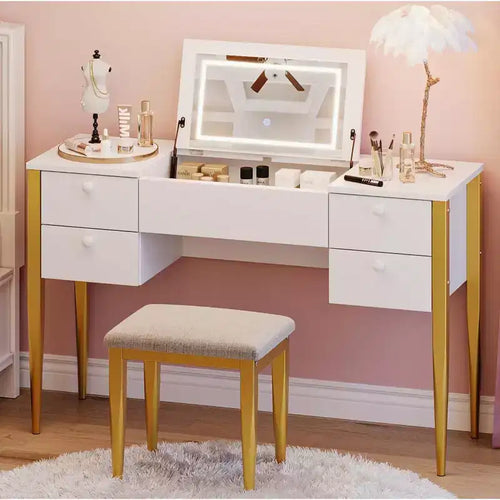 47 Makeup Vanity Desk with Flip Top Mirror, Modern Makeup Vanity Set with Chair and 5 Drawers for Bedroom, Dressing room, Cloakroom