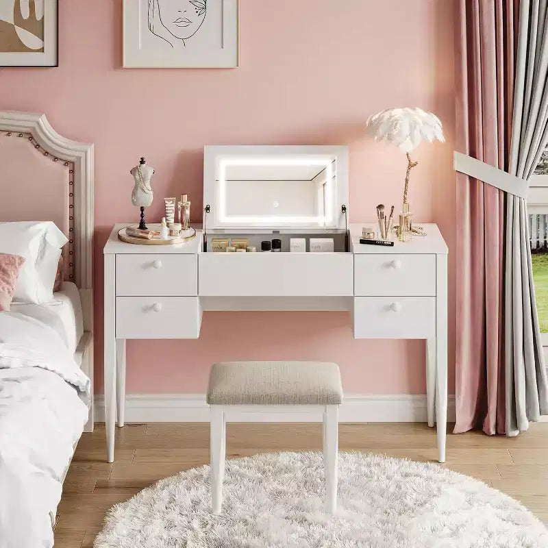 47 Makeup Vanity Desk with Flip Top Mirror, Modern Makeup Vanity Set with Chair and 5 Drawers for Bedroom, Dressing room, Cloakroom