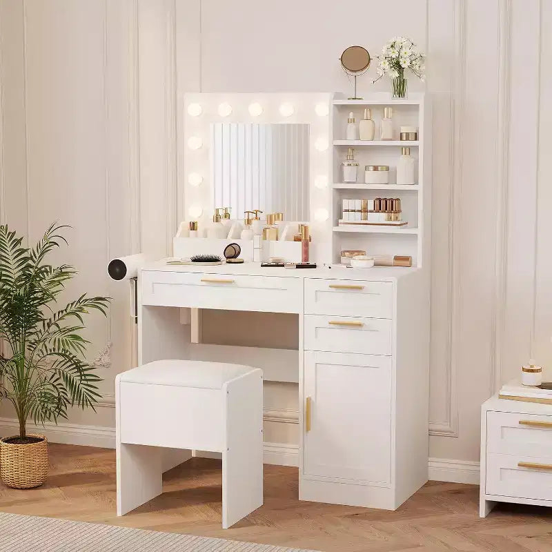 37In White Vanity Desk Set, with & 3 Adjustable Lights Modes LED & 3 Drawers, Small Makeup Table & Cushioned Stool for Bedroom or Makeup Studio