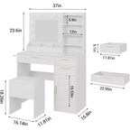 37In White Vanity Desk Set, with & 3 Adjustable Lights Modes LED & 3 Drawers, Small Makeup Table & Cushioned Stool for Bedroom or Makeup Studio