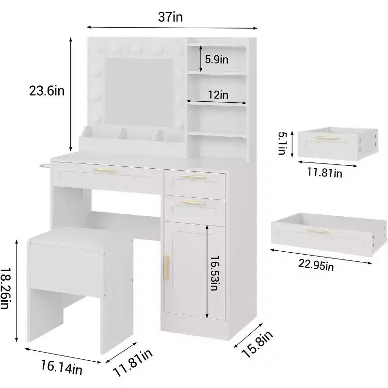 37In White Vanity Desk Set, with & 3 Adjustable Lights Modes LED & 3 Drawers, Small Makeup Table & Cushioned Stool for Bedroom or Makeup Studio