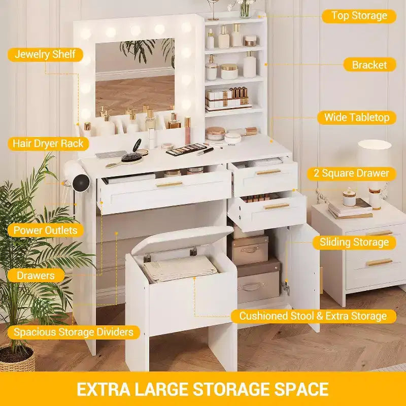 37In White Vanity Desk Set, with & 3 Adjustable Lights Modes LED & 3 Drawers, Small Makeup Table & Cushioned Stool for Bedroom or Makeup Studio