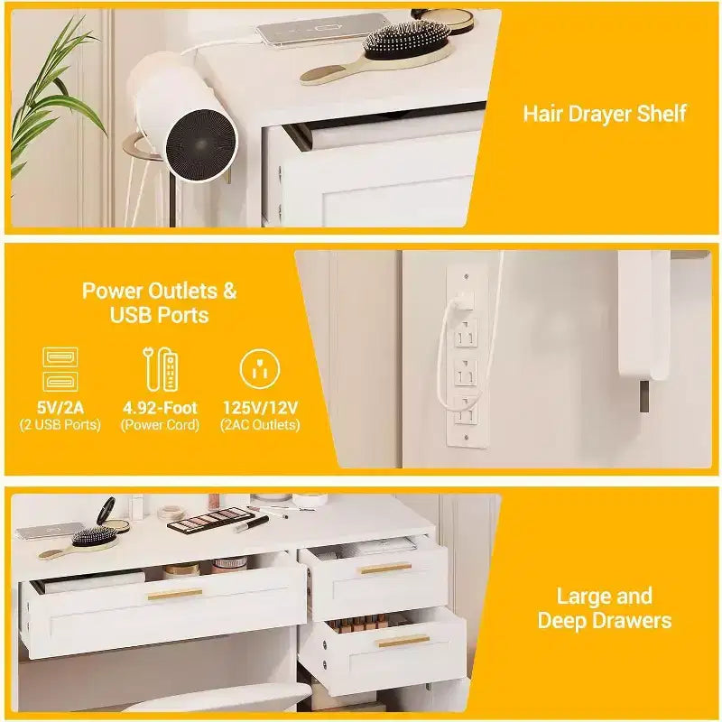 37In White Vanity Desk Set, with & 3 Adjustable Lights Modes LED & 3 Drawers, Small Makeup Table & Cushioned Stool for Bedroom or Makeup Studio