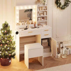 37In White Vanity Desk Set, with & 3 Adjustable Lights Modes LED & 3 Drawers, Small Makeup Table & Cushioned Stool for Bedroom or Makeup Studio