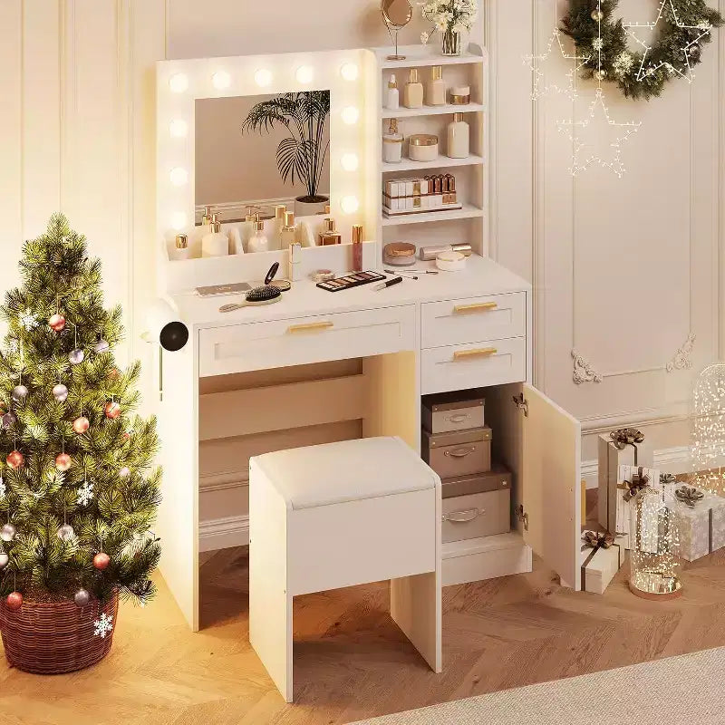37In White Vanity Desk Set, with & 3 Adjustable Lights Modes LED & 3 Drawers, Small Makeup Table & Cushioned Stool for Bedroom or Makeup Studio