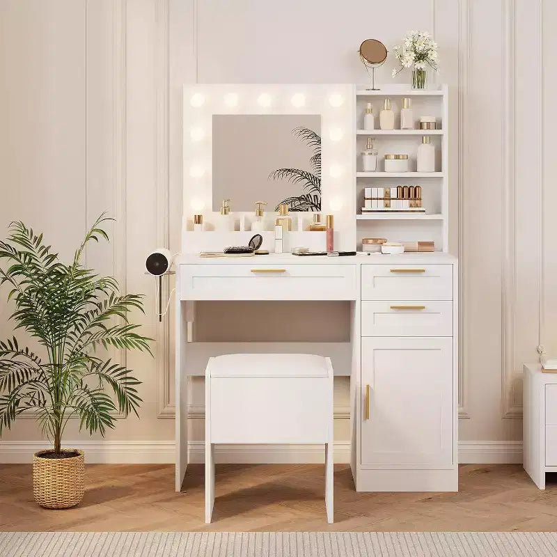 37In White Vanity Desk Set, with & 3 Adjustable Lights Modes LED & 3 Drawers, Small Makeup Table & Cushioned Stool for Bedroom or Makeup Studio