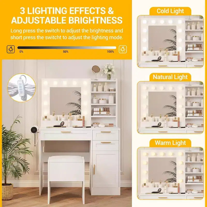 37In White Vanity Desk Set, with & 3 Adjustable Lights Modes LED & 3 Drawers, Small Makeup Table & Cushioned Stool for Bedroom or Makeup Studio