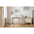 Makeup Vanity Table with Reversible Mirror, Elegant Chic Vanity Desk with 5 Drawers & Upholstered Stool, Space-Saving Beauty Station