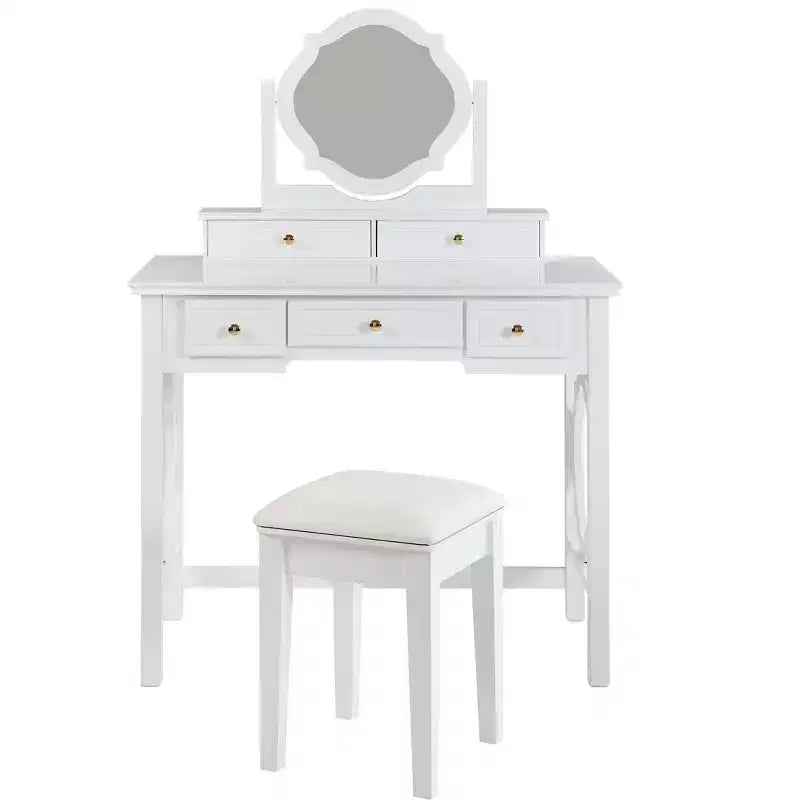 Schminktisch mit wendbarem Spiegel, eleganter, stilvoller Schminktisch mit 5 Schubladen und gepolstertem Hocker, platzsparende Beauty-Station