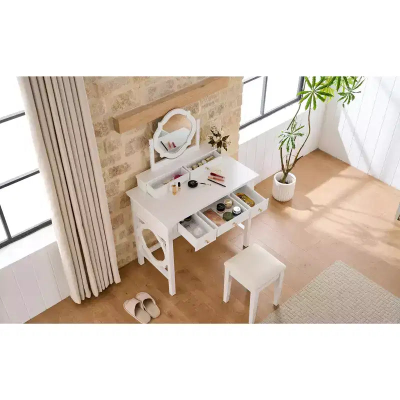 Schminktisch mit wendbarem Spiegel, eleganter, stilvoller Schminktisch mit 5 Schubladen und gepolstertem Hocker, platzsparende Beauty-Station