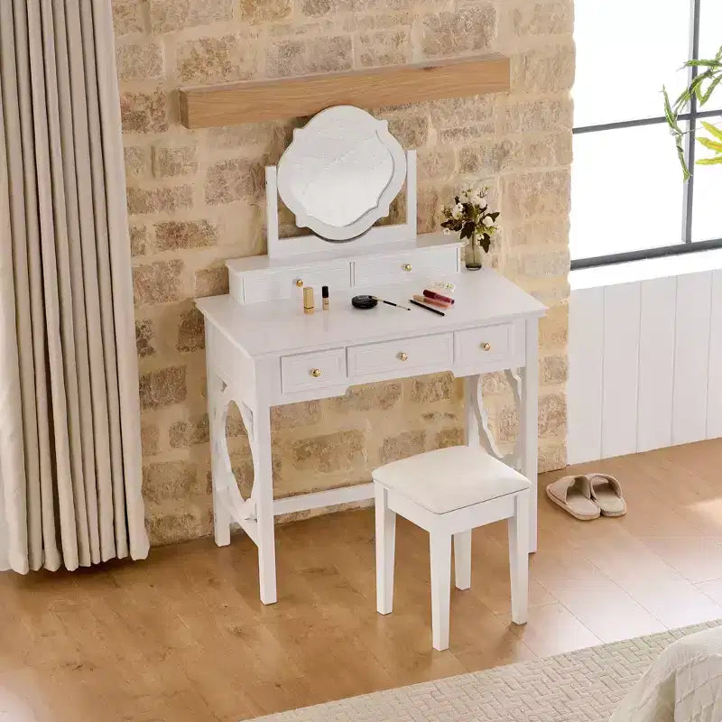 Schminktisch mit wendbarem Spiegel, eleganter, stilvoller Schminktisch mit 5 Schubladen und gepolstertem Hocker, platzsparende Beauty-Station