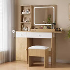 Vanity with mirror and light, featuring drawers and a padded stool, equipped with power outlets, suitable for bedrooms and living rooms.