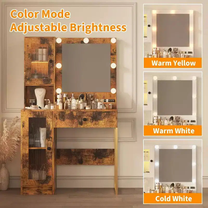 Vanity Desk with Mirror, 3 Lighting Modes Lights, Built-in Outlets & USB Ports, Spacious Drawers & Storage Cabinet, Makeup Dressing Table for Bedroom