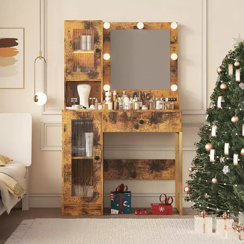Vanity Desk with Mirror, 3 Lighting Modes Lights, Built-in Outlets & USB Ports, Spacious Drawers & Storage Cabinet, Makeup Dressing Table for Bedroom
