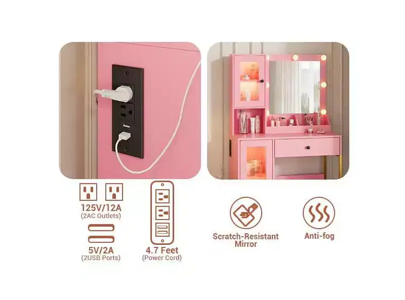 Vanity Desk with Mirror, 3 Lighting Modes Lights, Built-in Outlets & USB Ports, Spacious Drawers & Storage Cabinet, Makeup Dressing Table for Bedroom
