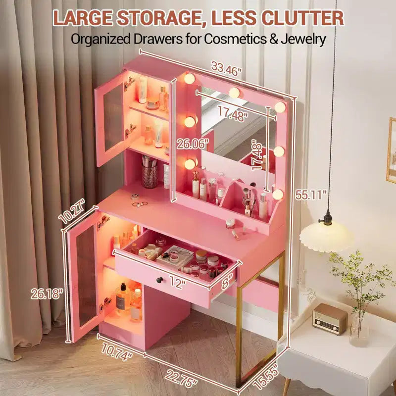 Vanity Desk with Mirror, 3 Lighting Modes Lights, Built-in Outlets & USB Ports, Spacious Drawers & Storage Cabinet, Makeup Dressing Table for Bedroom