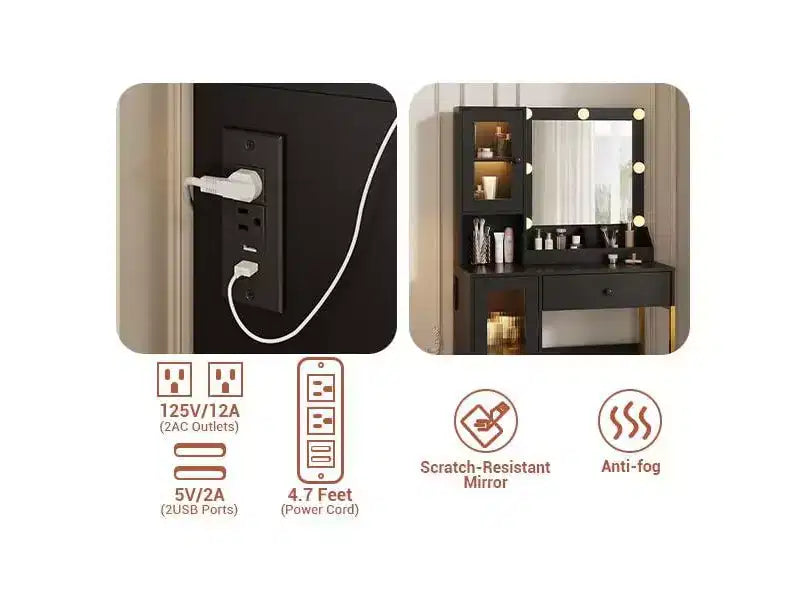 Vanity Desk with Mirror, 3 Lighting Modes Lights, Built-in Outlets & USB Ports, Spacious Drawers & Storage Cabinet, Makeup Dressing Table for Bedroom