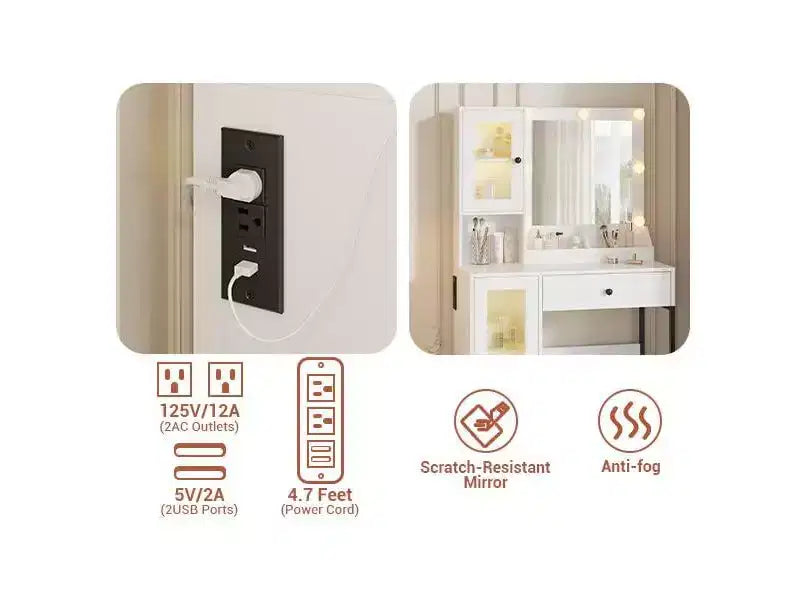 Vanity Desk with Mirror, 3 Lighting Modes Lights, Built-in Outlets & USB Ports, Spacious Drawers & Storage Cabinet, Makeup Dressing Table for Bedroom