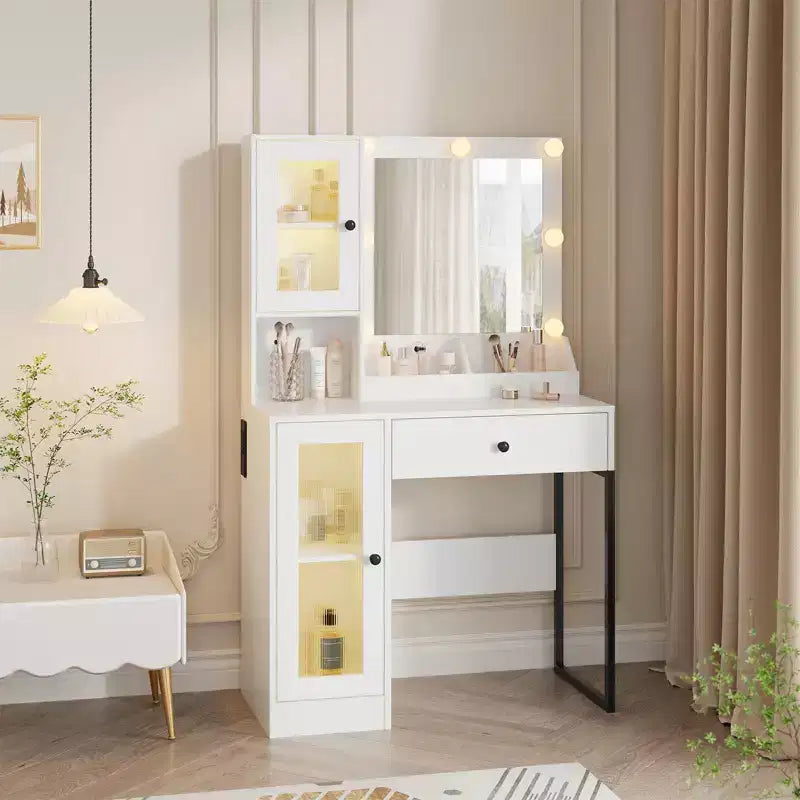 Vanity Desk with Mirror, 3 Lighting Modes Lights, Built-in Outlets & USB Ports, Spacious Drawers & Storage Cabinet, Makeup Dressing Table for Bedroom