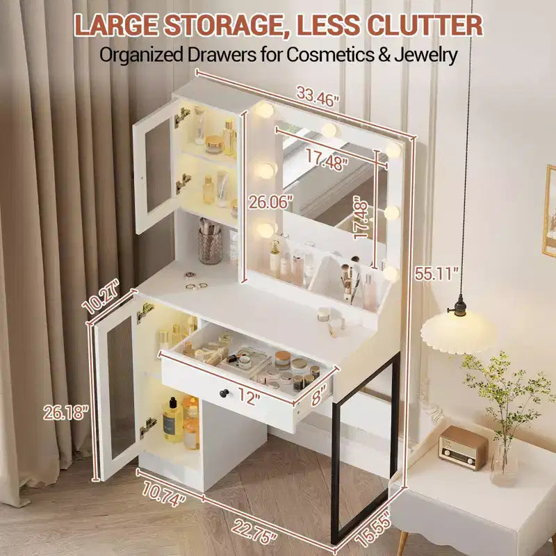Vanity Desk with Mirror, 3 Lighting Modes Lights, Built-in Outlets & USB Ports, Spacious Drawers & Storage Cabinet, Makeup Dressing Table for Bedroom