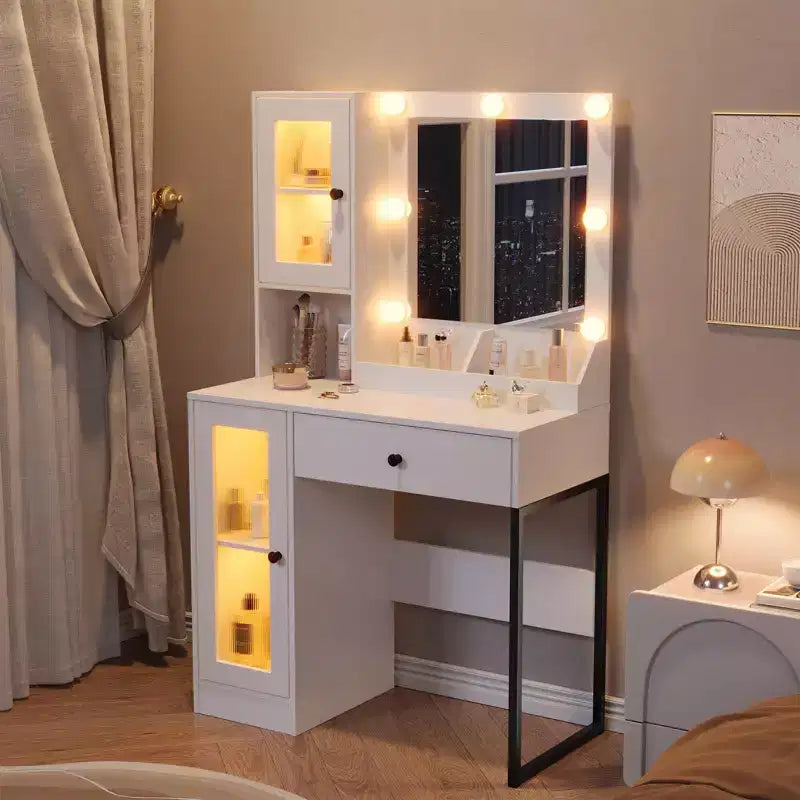 Vanity Desk with Mirror, 3 Lighting Modes Lights, Built-in Outlets & USB Ports, Spacious Drawers & Storage Cabinet, Makeup Dressing Table for Bedroom