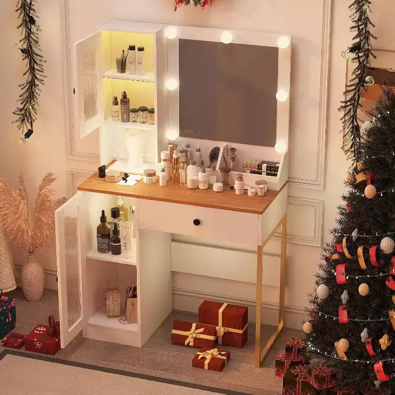 Vanity Desk with Mirror, 3 Lighting Modes Lights, Built-in Outlets & USB Ports, Spacious Drawers & Storage Cabinet, Makeup Dressing Table for Bedroom