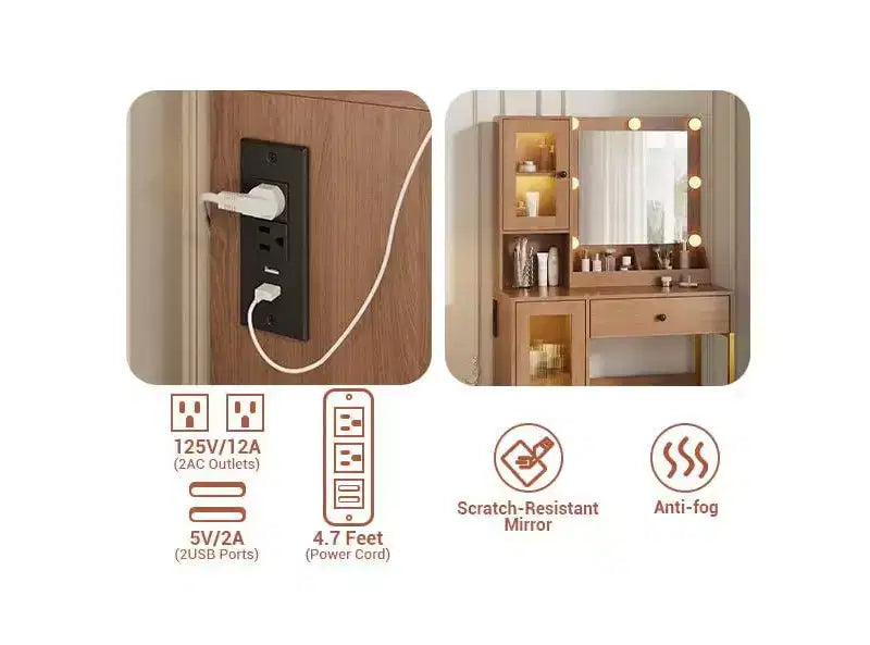 Vanity Desk with Mirror, 3 Lighting Modes Lights, Built-in Outlets & USB Ports, Spacious Drawers & Storage Cabinet, Makeup Dressing Table for Bedroom
