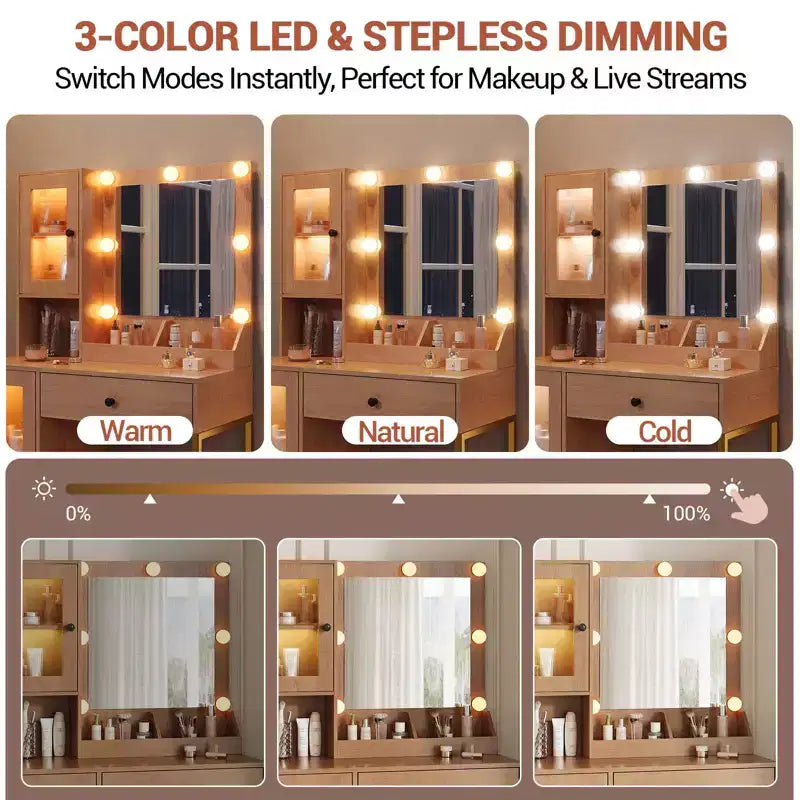 Vanity Desk with Mirror, 3 Lighting Modes Lights, Built-in Outlets & USB Ports, Spacious Drawers & Storage Cabinet, Makeup Dressing Table for Bedroom