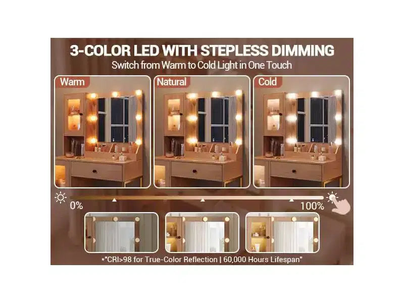 Vanity Desk with Mirror, 3 Lighting Modes Lights, Built-in Outlets & USB Ports, Spacious Drawers & Storage Cabinet, Makeup Dressing Table for Bedroom