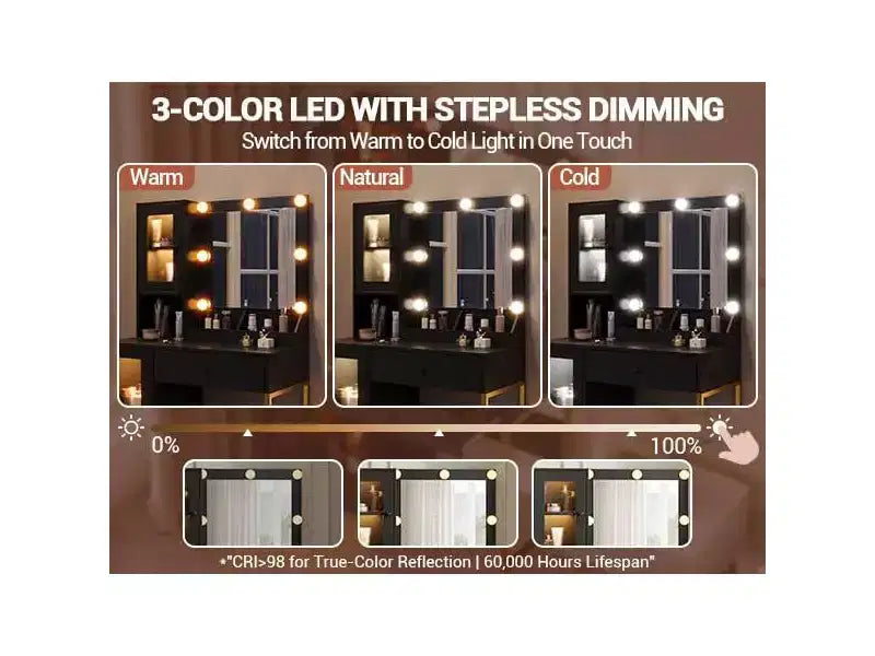 Vanity Desk with Mirror, 3 Lighting Modes Lights, Built-in Outlets & USB Ports, Spacious Drawers & Storage Cabinet, Makeup Dressing Table for Bedroom