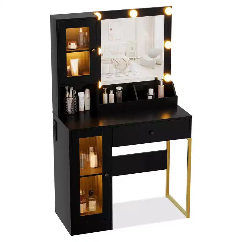 Vanity Desk with Mirror, 3 Lighting Modes Lights, Built-in Outlets & USB Ports, Spacious Drawers & Storage Cabinet, Makeup Dressing Table for Bedroom