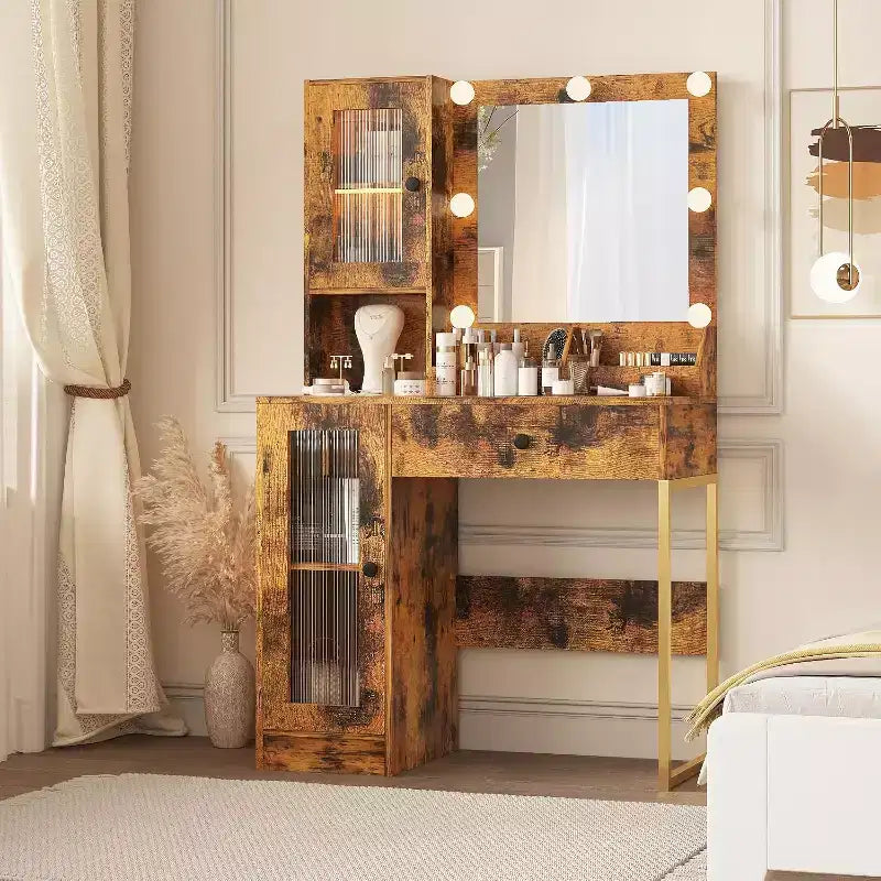 Escritorio de tocador con espejo, luces con 3 modos de iluminación, tomas de corriente y puertos USB integrados, cajones espaciosos y armario de almacenamiento, mesa de maquillaje para dormitorio