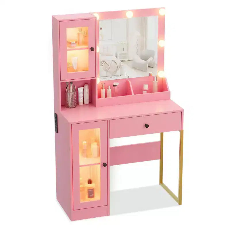 Escritorio de tocador con espejo, luces con 3 modos de iluminación, tomas de corriente y puertos USB integrados, cajones espaciosos y armario de almacenamiento, mesa de maquillaje para dormitorio