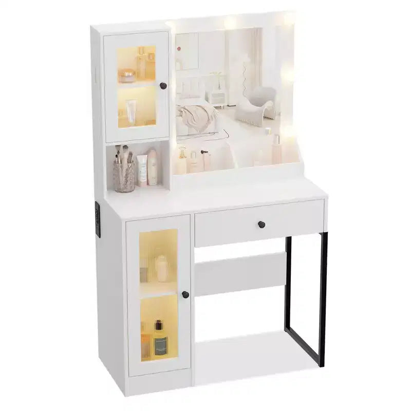 Escritorio de tocador con espejo, luces con 3 modos de iluminación, tomas de corriente y puertos USB integrados, cajones espaciosos y armario de almacenamiento, mesa de maquillaje para dormitorio