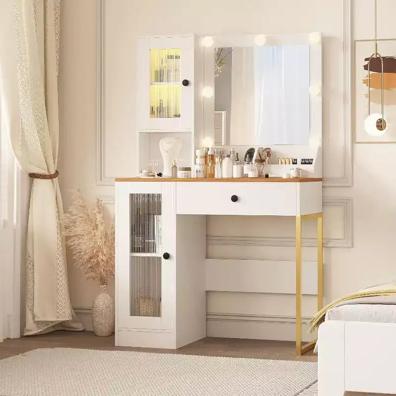Escritorio de tocador con espejo, luces con 3 modos de iluminación, tomas de corriente y puertos USB integrados, cajones espaciosos y armario de almacenamiento, mesa de maquillaje para dormitorio