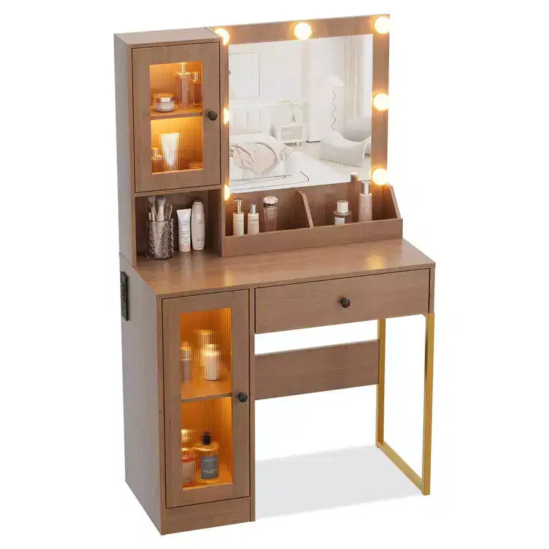 Escritorio de tocador con espejo, luces con 3 modos de iluminación, tomas de corriente y puertos USB integrados, cajones espaciosos y armario de almacenamiento, mesa de maquillaje para dormitorio