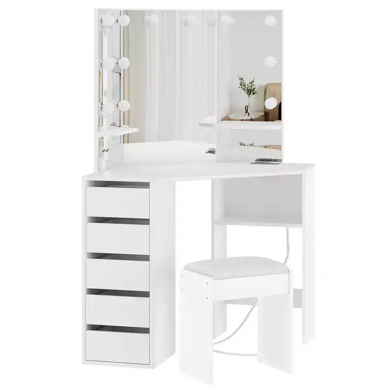 Corner vanity set with triple-fold lighted mirror, featuring a charging station, 5 rotating drawers, and storage benchperfect for the bedroom.