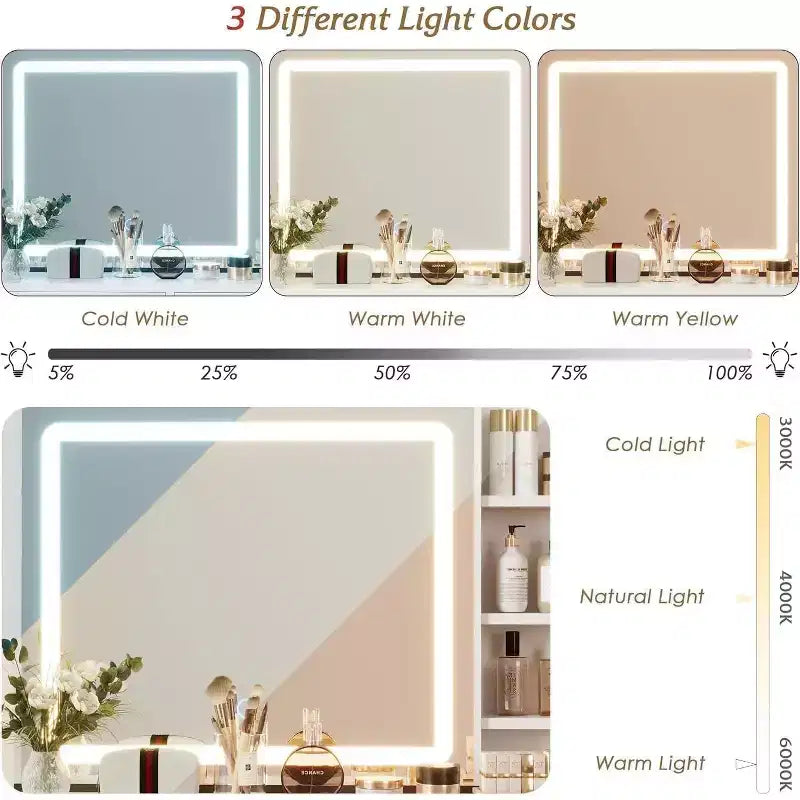 Toeletta con specchio e luce, tavolo da trucco con specchio illuminato scorrevole, 3 modalità di illuminazione, 5 ampi cassetti, adatta alle camere da letto