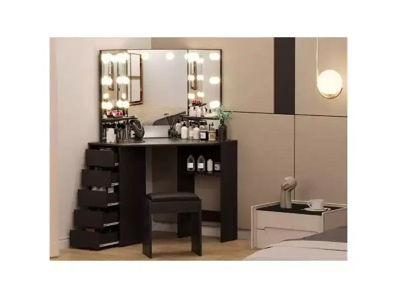 Tocador de esquina con espejo e iluminación, con 3 colores de luz ajustables, 5 cajones y estantes de almacenamiento, con mesa de maquillaje completa iluminada con LED