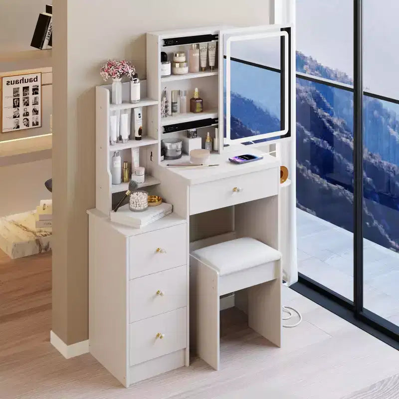 Okak kleine kaptafel van 29.2IN met gevoerde kruk en haardrogerstandaard, make-uptafel met stroomstation en 3-kleurenschakelaar, kaptafel