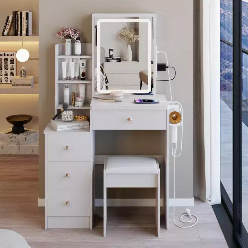 Okak kleine kaptafel van 29.2IN met gevoerde kruk en haardrogerstandaard, make-uptafel met stroomstation en 3-kleurenschakelaar, kaptafel